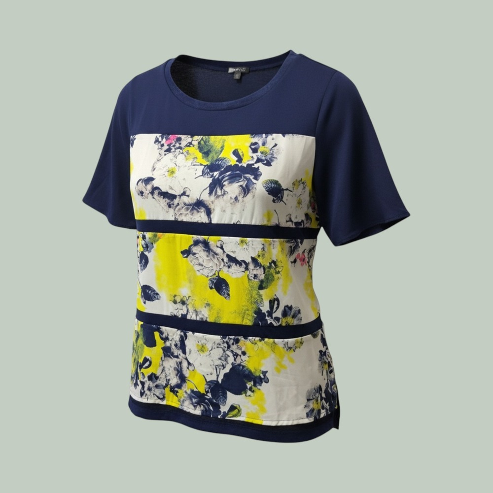 Floral Colorblock Short Sleeve Top Womens Large Navy Blue Hannah M6220165H